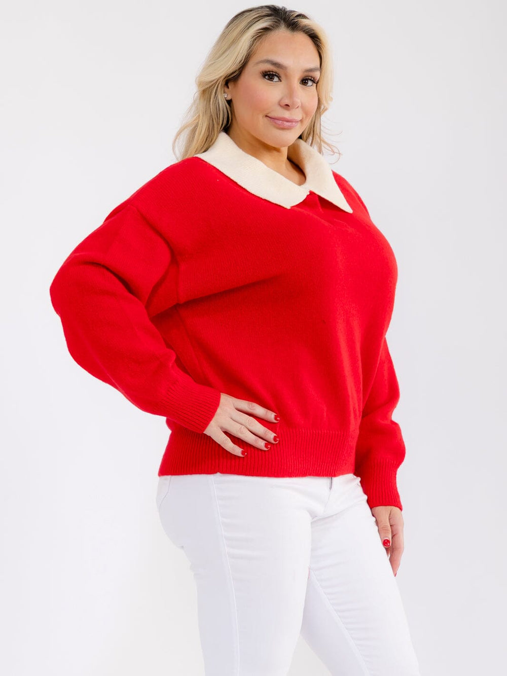PLUS SIZE LONG SLEEVE BUTTON CLOSURE COLLAR PULLOVER SWEATER