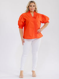 PLUS SIZE SHORT PUFF SLEEVE V-NECK BUTTON CLOSURE BLOUSE