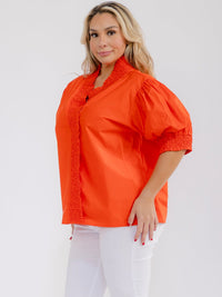 PLUS SIZE SHORT PUFF SLEEVE V-NECK BUTTON CLOSURE BLOUSE