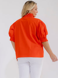 PLUS SIZE SHORT PUFF SLEEVE V-NECK BUTTON CLOSURE BLOUSE