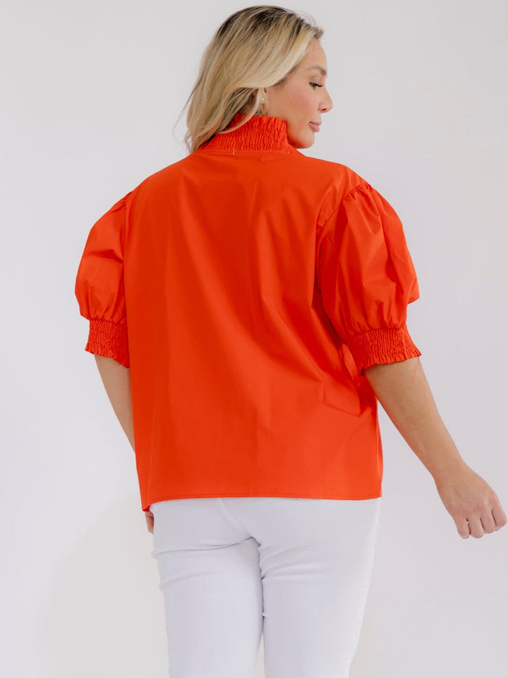 PLUS SIZE SHORT PUFF SLEEVE V-NECK BUTTON CLOSURE BLOUSE