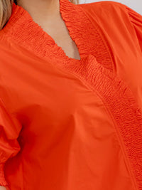 PLUS SIZE SHORT PUFF SLEEVE V-NECK BUTTON CLOSURE BLOUSE