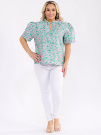 PLUS SIZE SHORT PUFF SLEEVE V-NECK FLORAL PRINT BLOUSE
