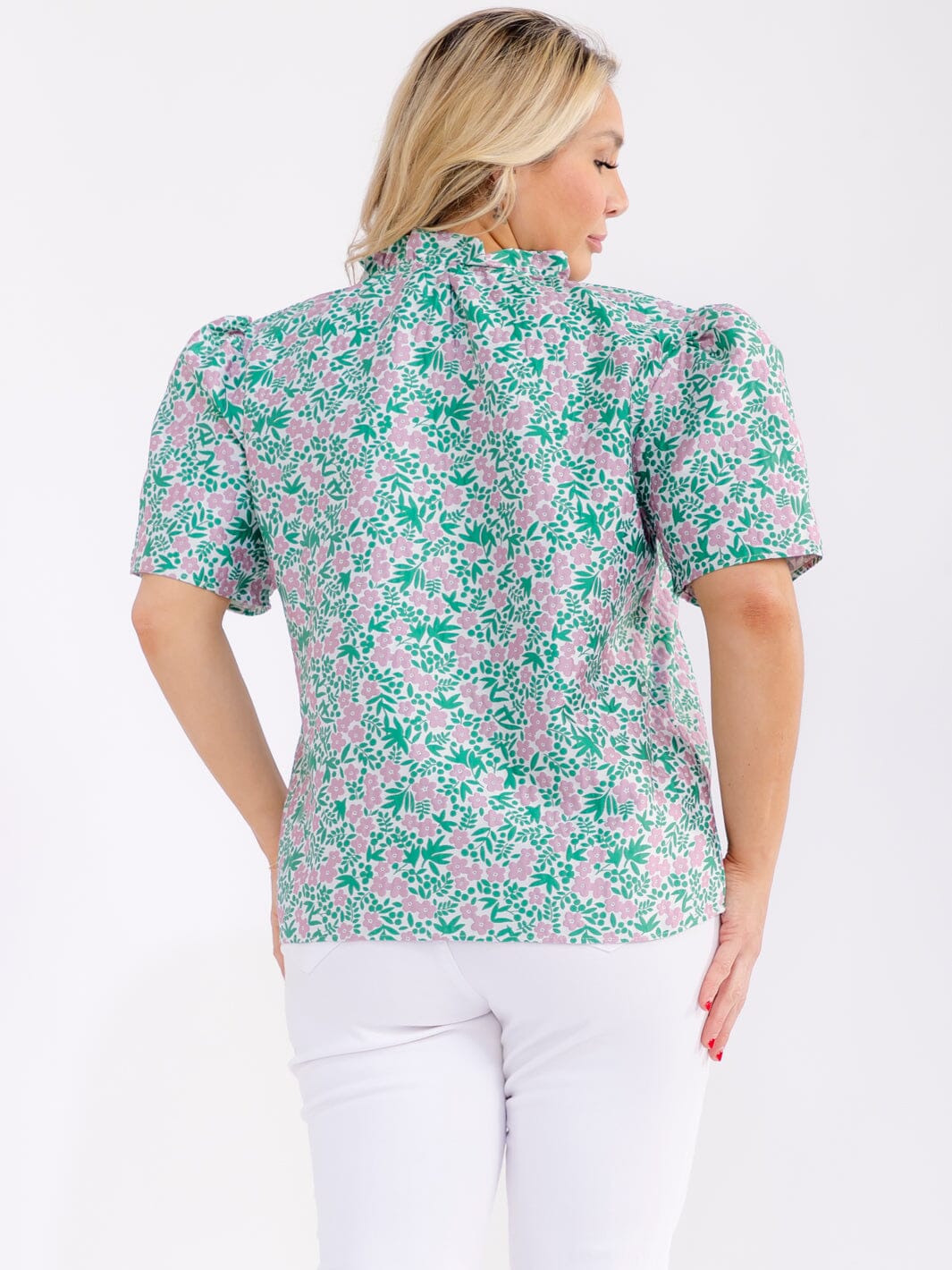 PLUS SIZE SHORT PUFF SLEEVE V-NECK FLORAL PRINT BLOUSE