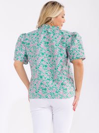 PLUS SIZE SHORT PUFF SLEEVE V-NECK FLORAL PRINT BLOUSE