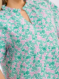 PLUS SIZE SHORT PUFF SLEEVE V-NECK FLORAL PRINT BLOUSE