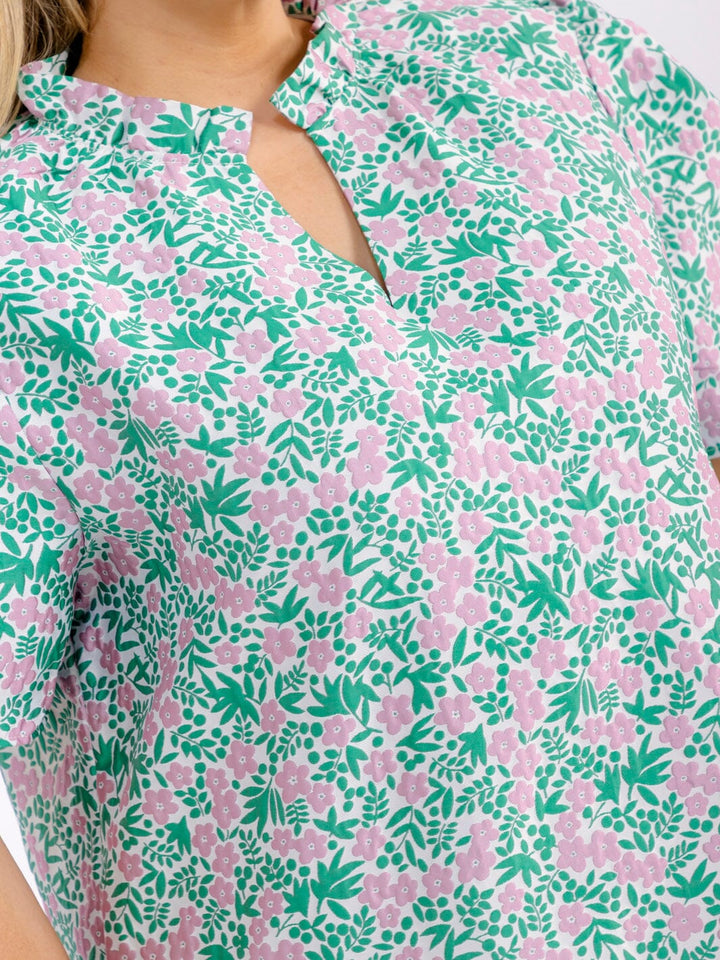 PLUS SIZE SHORT PUFF SLEEVE V-NECK FLORAL PRINT BLOUSE