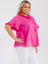 PLUS SIZE SHORT RUFFLE SLEEVE BUTTON CLOSURE BLOUSE