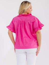 PLUS SIZE SHORT RUFFLE SLEEVE BUTTON CLOSURE BLOUSE