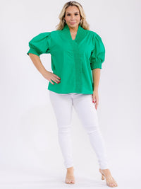 PLUS SIZE SHORT PUFF SLEEVE V-NECK BUTTON CLOSURE BLOUSE