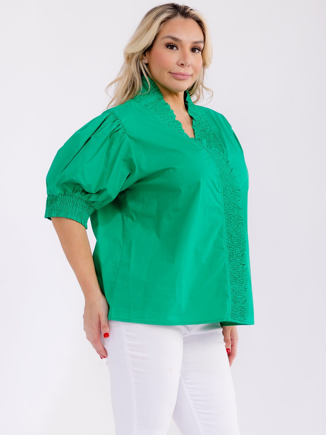 PLUS SIZE SHORT PUFF SLEEVE V-NECK BUTTON CLOSURE BLOUSE