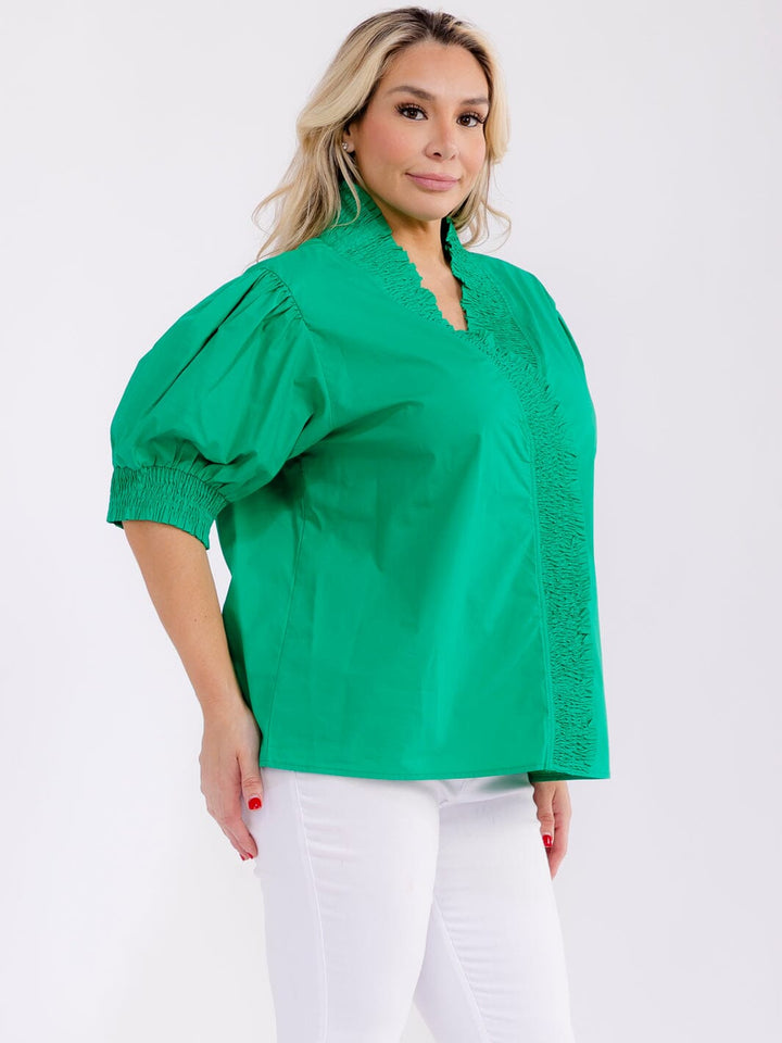 PLUS SIZE SHORT PUFF SLEEVE V-NECK BUTTON CLOSURE BLOUSE
