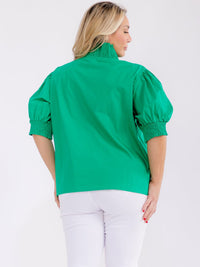 PLUS SIZE SHORT PUFF SLEEVE V-NECK BUTTON CLOSURE BLOUSE