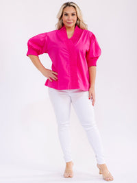 PLUS SIZE SHORT PUFF SLEEVE V-NECK BUTTON CLOSURE BLOUSE