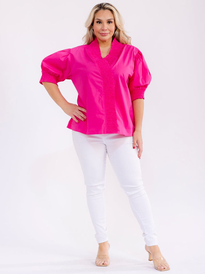 PLUS SIZE SHORT PUFF SLEEVE V-NECK BUTTON CLOSURE BLOUSE
