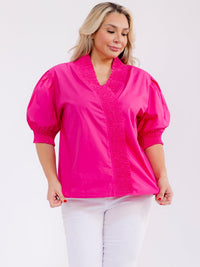 PLUS SIZE SHORT PUFF SLEEVE V-NECK BUTTON CLOSURE BLOUSE