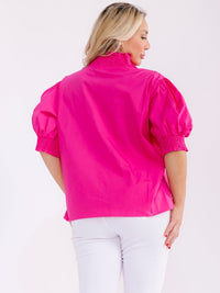 PLUS SIZE SHORT PUFF SLEEVE V-NECK BUTTON CLOSURE BLOUSE
