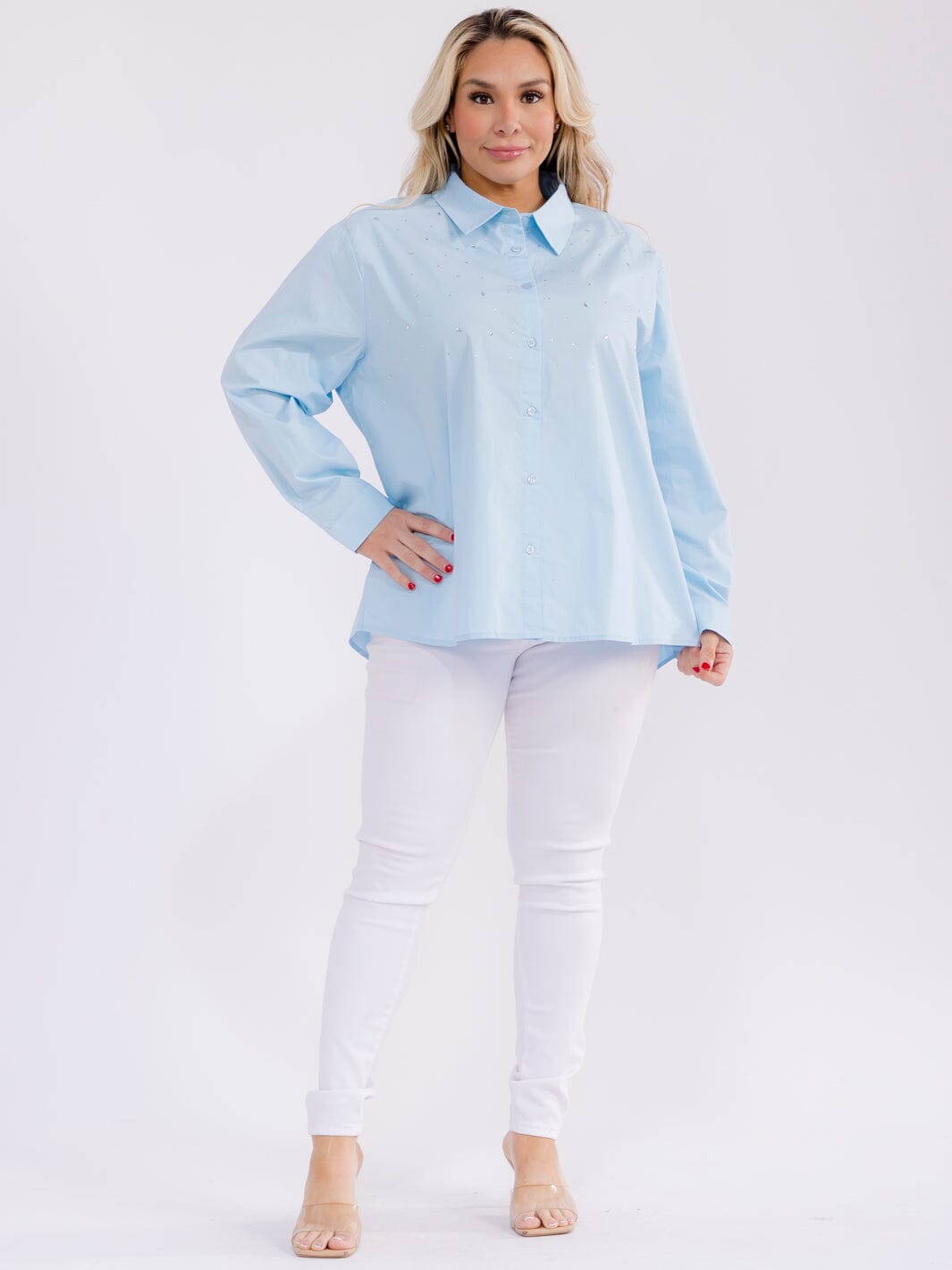 PLUS SIZE LONG SLEEVE BUTTON UP RHINESTONES SHIRT