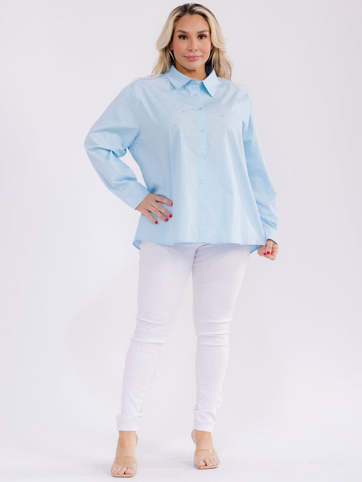 PLUS SIZE LONG SLEEVE BUTTON UP RHINESTONES SHIRT