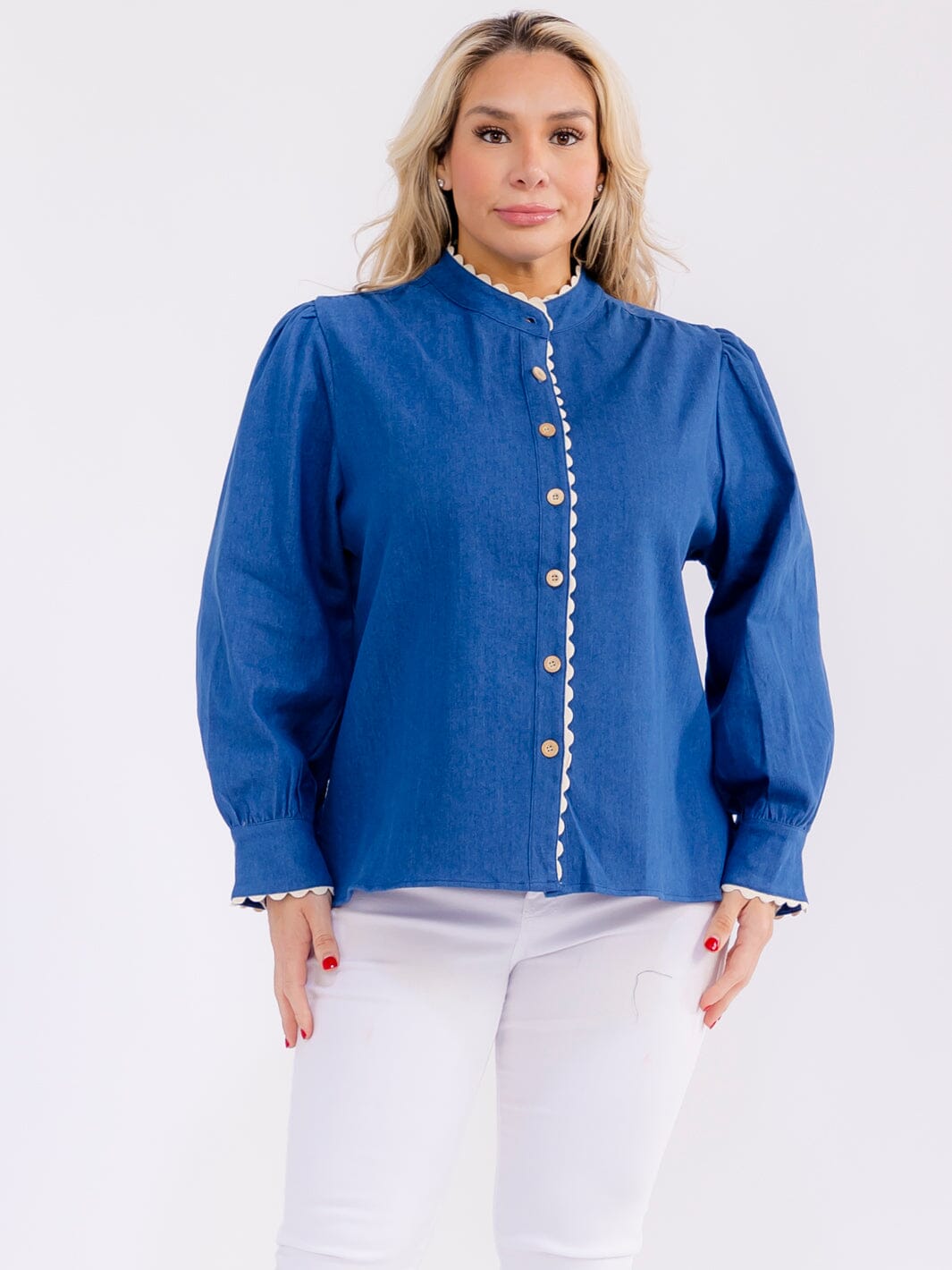 PLUS SIZE LONG SLEEVE BUTTON CLOSURE TRIM DETAILED DENIM BLOUSE