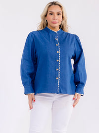 PLUS SIZE LONG SLEEVE BUTTON CLOSURE TRIM DETAILED DENIM BLOUSE