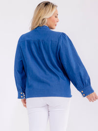 PLUS SIZE LONG SLEEVE BUTTON CLOSURE TRIM DETAILED DENIM BLOUSE