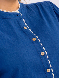 PLUS SIZE LONG SLEEVE BUTTON CLOSURE TRIM DETAILED DENIM BLOUSE
