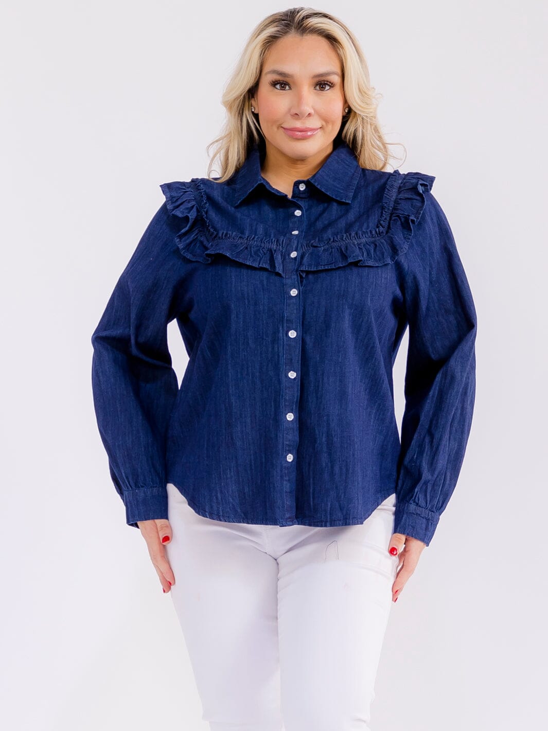 PLUS SIZE LONG SLEEVE BUTTON UP RUFFLE DENIM TOP