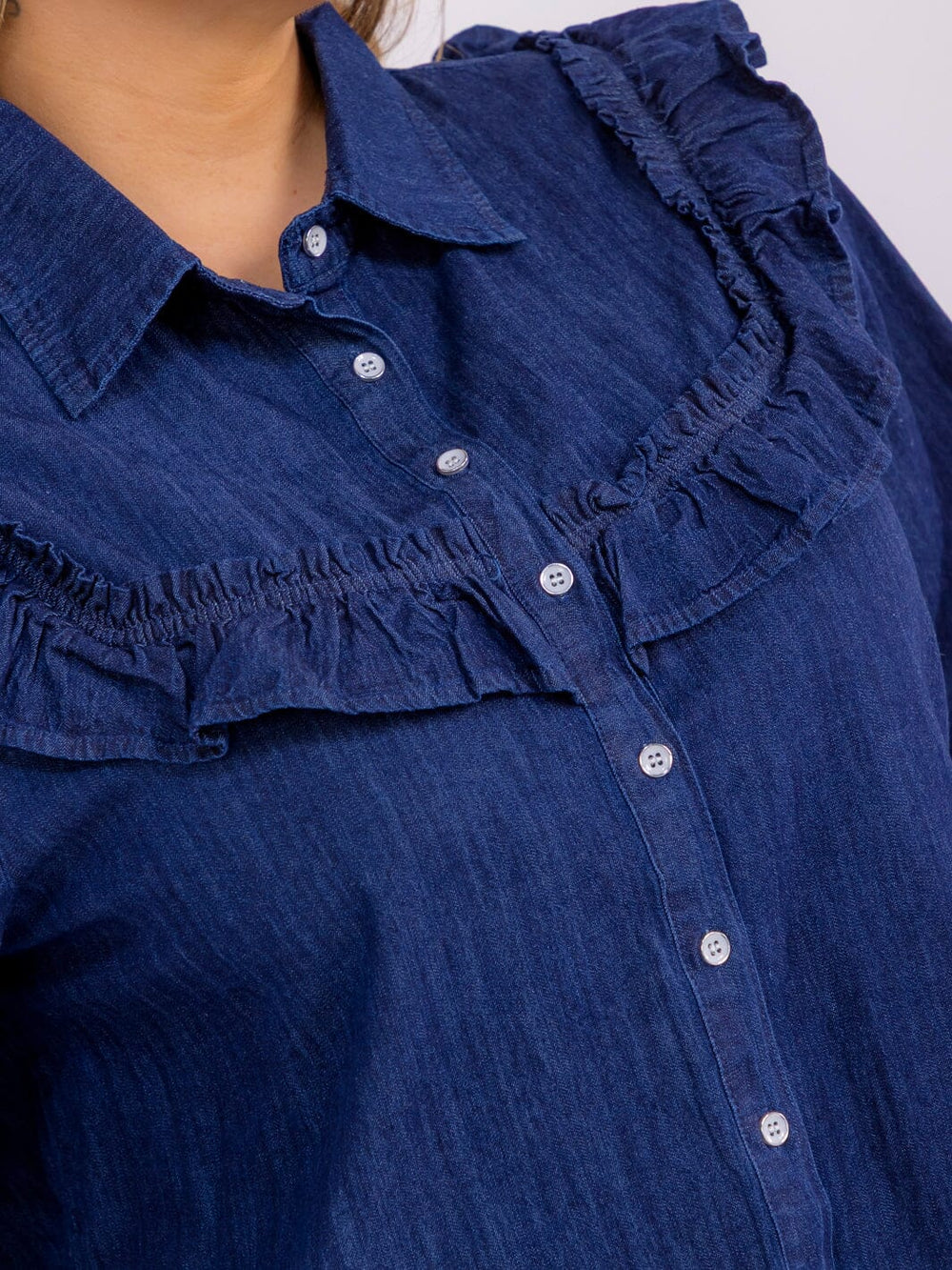 PLUS SIZE LONG SLEEVE BUTTON UP RUFFLE DENIM TOP