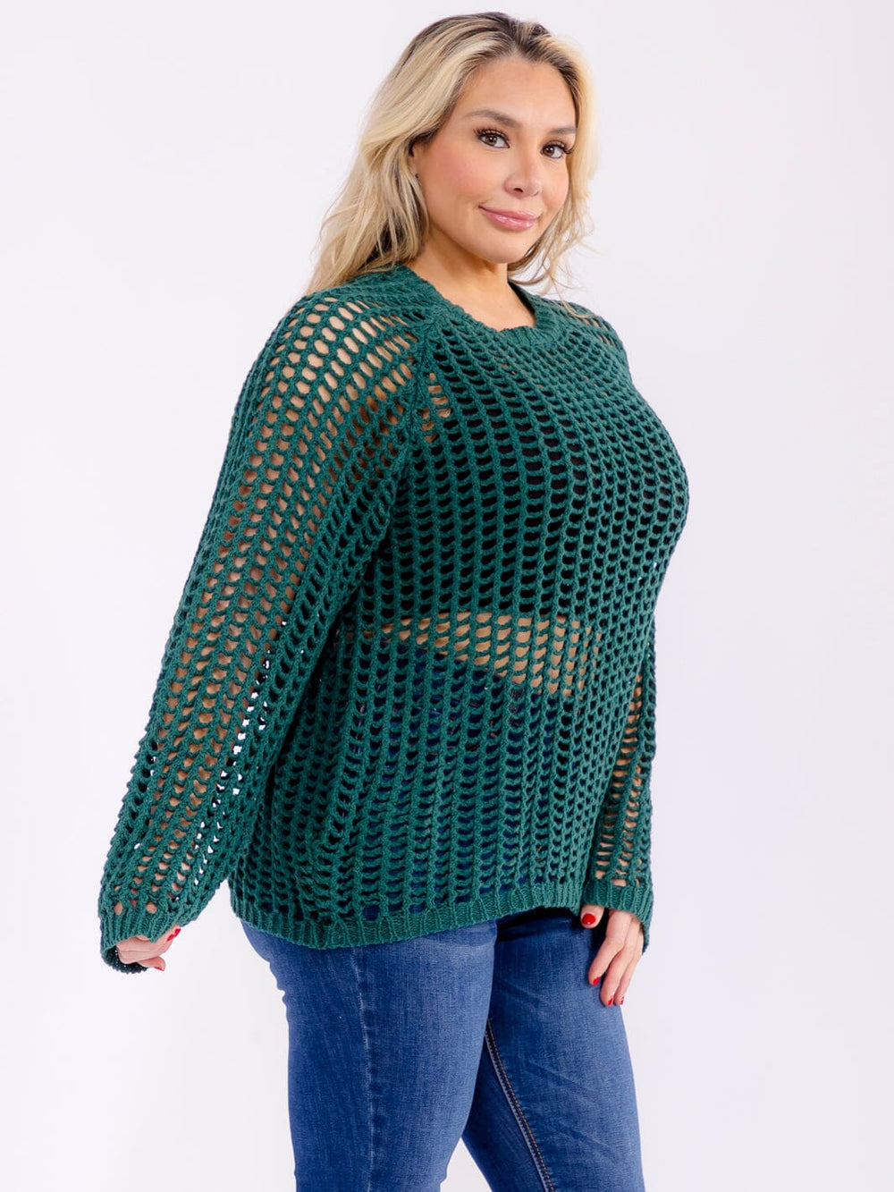 PLUS SIZE LONG SLEEVE CROCHET PULLOVER SWEATER