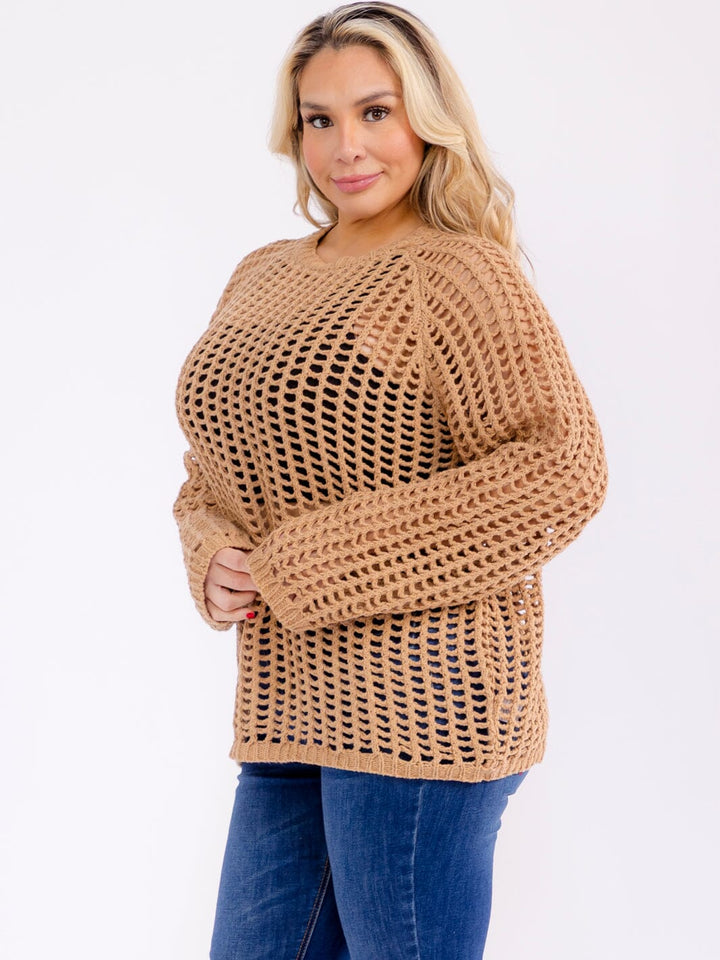 PLUS SIZE LONG SLEEVE CROCHET PULLOVER SWEATER