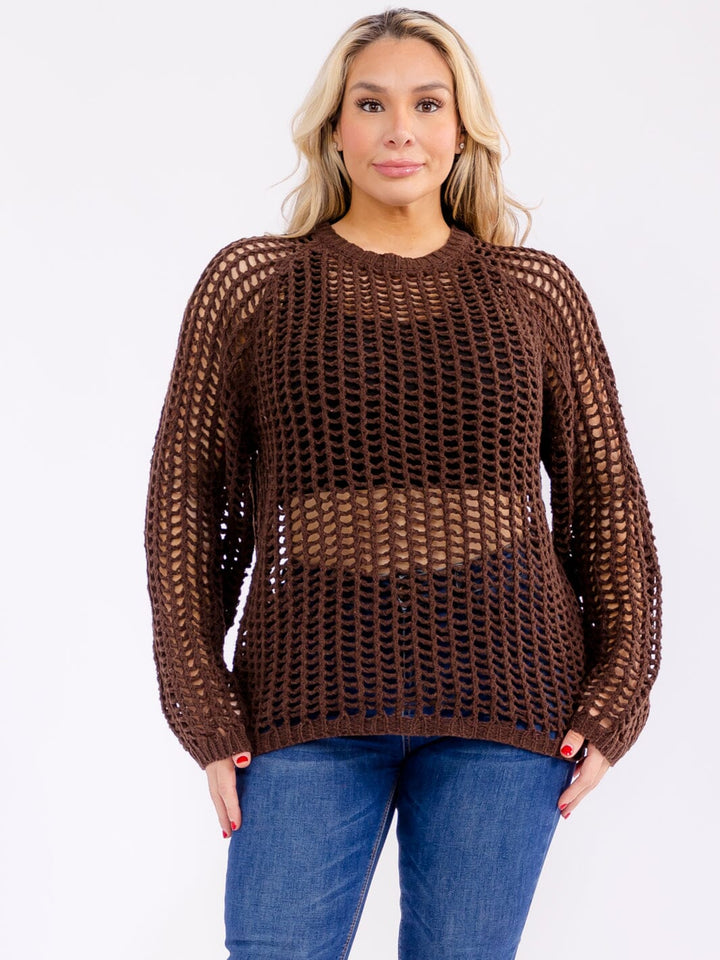 PLUS SIZE LONG SLEEVE CROCHET PULLOVER SWEATER