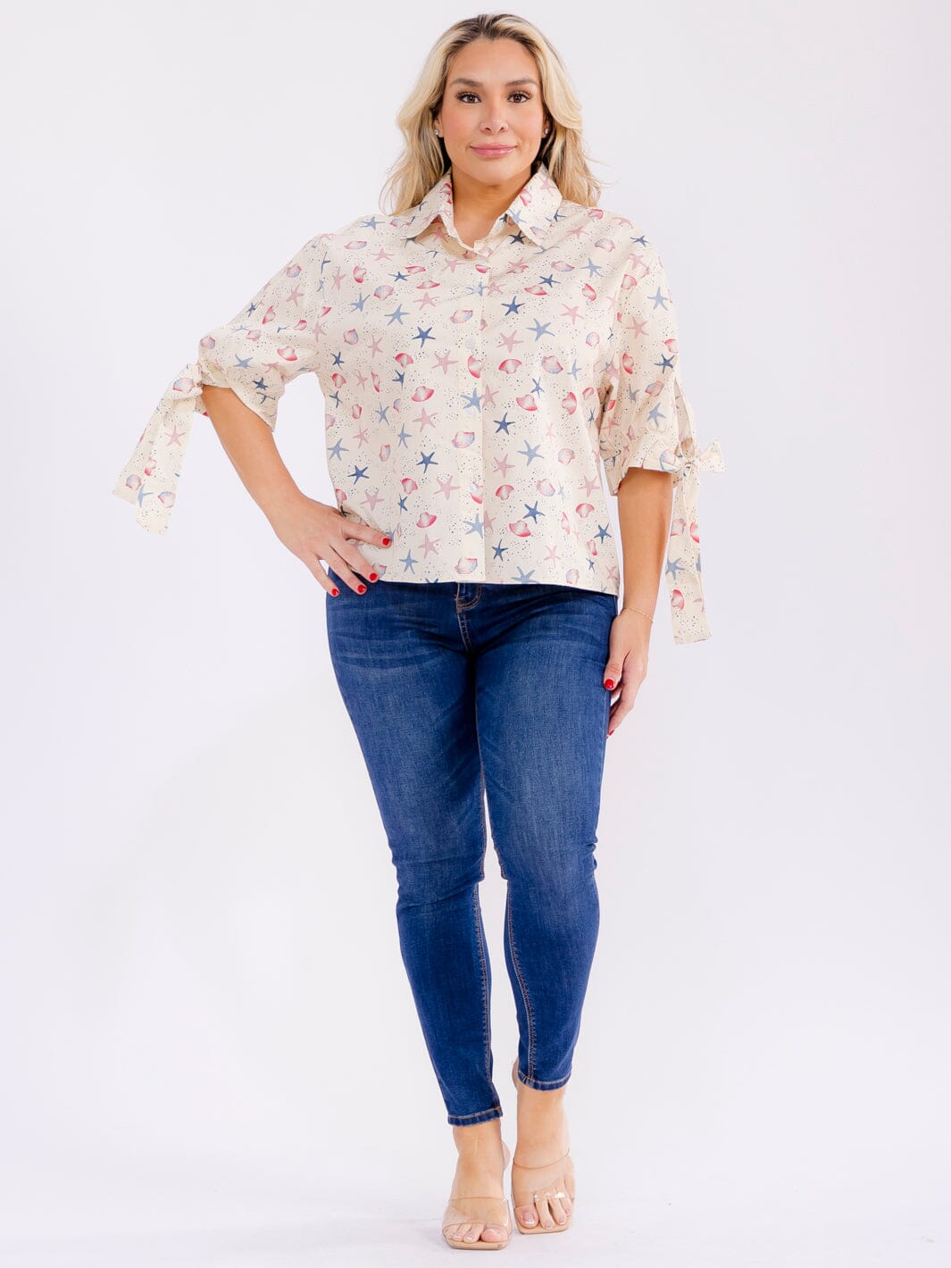 PLUS SIZE SHORT SLEEVE BUTTON UP MULTI PRINT BLOUSE