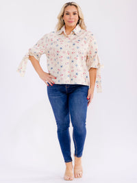 PLUS SIZE SHORT SLEEVE BUTTON UP MULTI PRINT BLOUSE