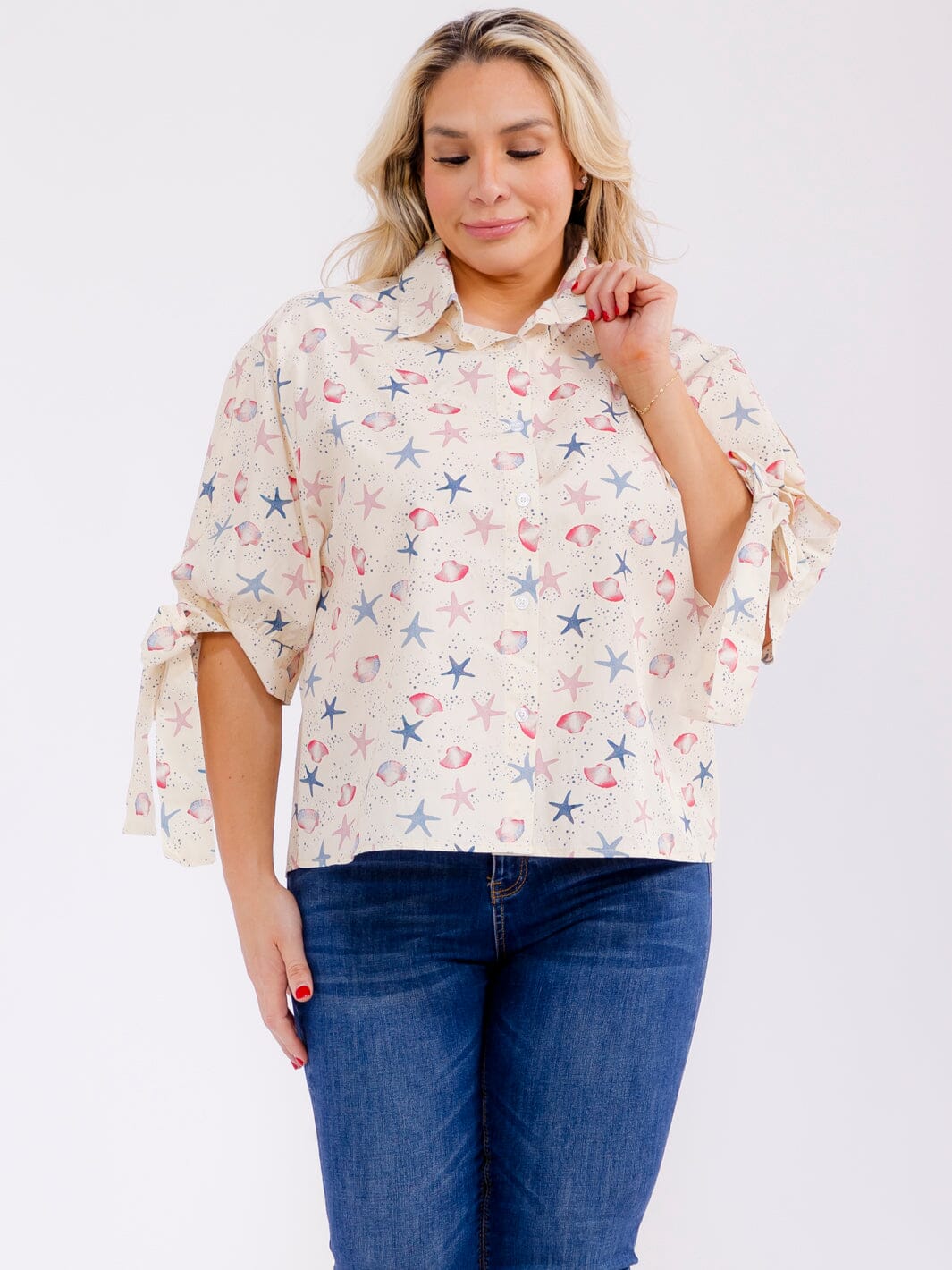 PLUS SIZE SHORT SLEEVE BUTTON UP MULTI PRINT BLOUSE