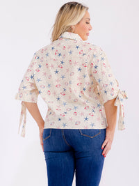 PLUS SIZE SHORT SLEEVE BUTTON UP MULTI PRINT BLOUSE