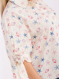 PLUS SIZE SHORT SLEEVE BUTTON UP MULTI PRINT BLOUSE