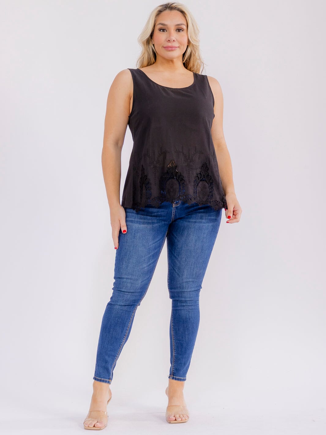 PLUS SIZE SLEEVELESS CROCHET BACK BUTTON UP TANK TOP