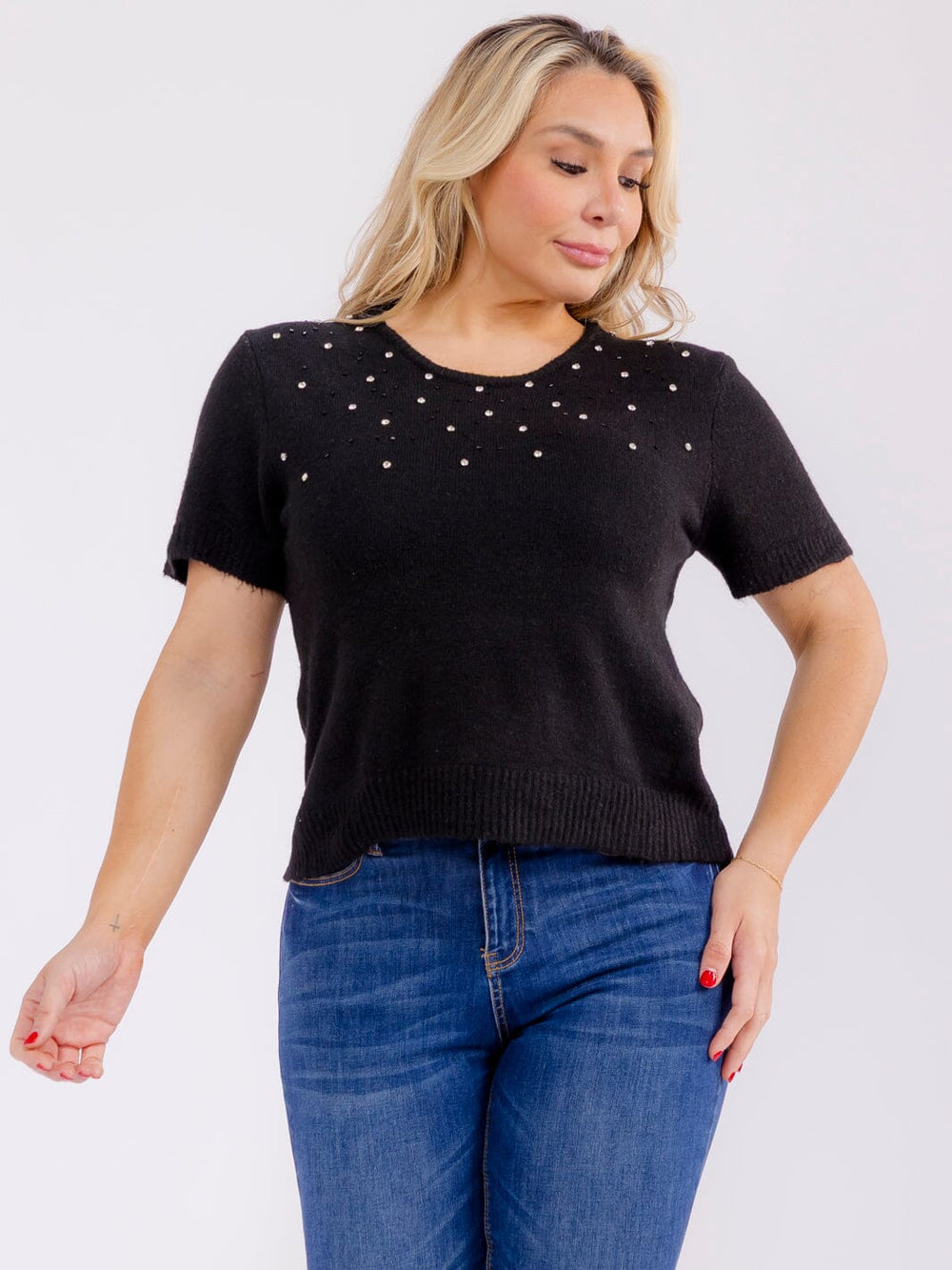 PLUS SIZE SHORT SLEEVE RHINESTONES DETAILED BLOUSE