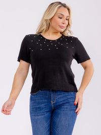 PLUS SIZE SHORT SLEEVE RHINESTONES DETAILED BLOUSE