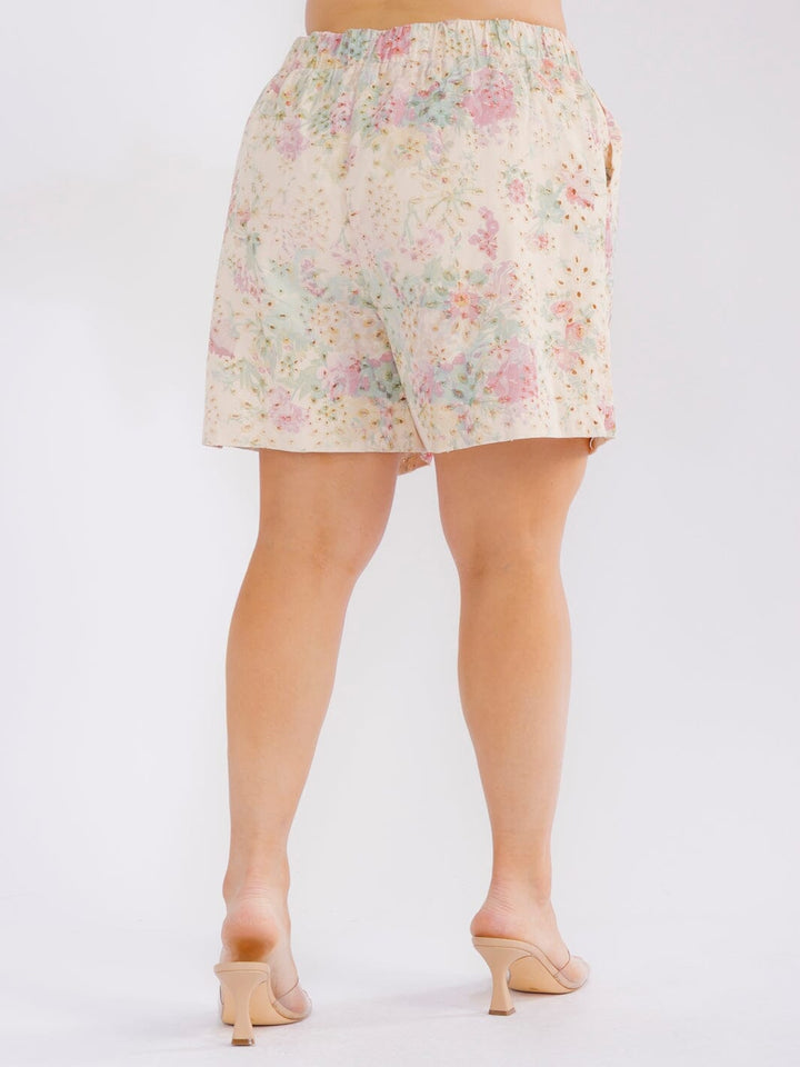 PLUS SIZE BUTTON CLOSURE POCKETS EYELET FLORAL MINI SHORTS