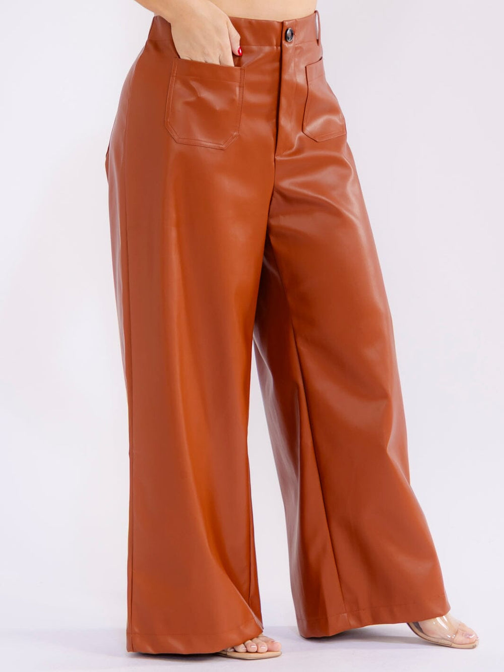 PLUS SIZE BUTTON CLOSURE POCKETS PU PLEATHER WIDE LEG PANTS