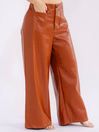 PLUS SIZE BUTTON CLOSURE POCKETS PU PLEATHER WIDE LEG PANTS