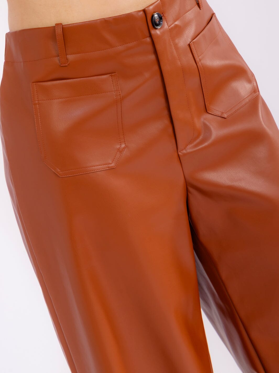 PLUS SIZE BUTTON CLOSURE POCKETS PU PLEATHER WIDE LEG PANTS