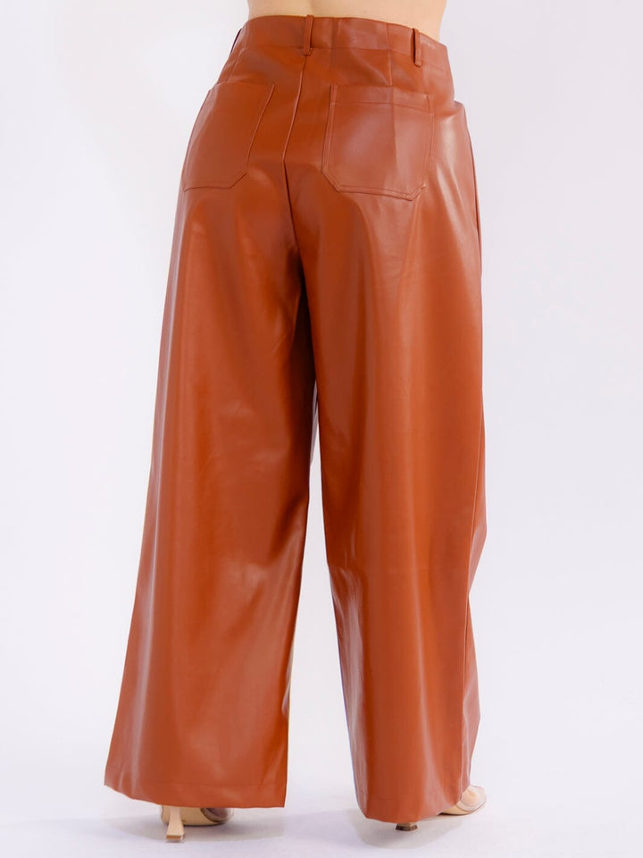 PLUS SIZE BUTTON CLOSURE POCKETS PU PLEATHER WIDE LEG PANTS