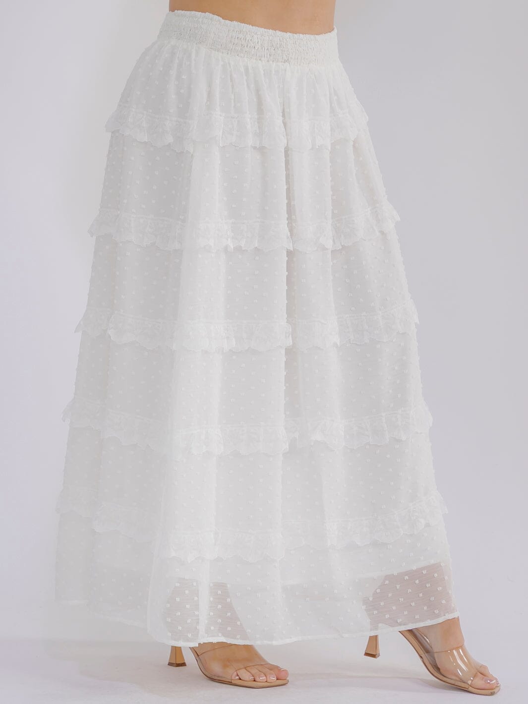 PLUS SIZE ELASTIC WAIST RUFFLE TIERED SWISS DOTS MAXI SKIRT