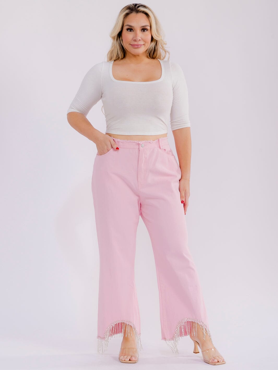 PLUS SIZE BUTTON CLOSURE POCKETS RHINESTONES DETAILED DENIM PANTS