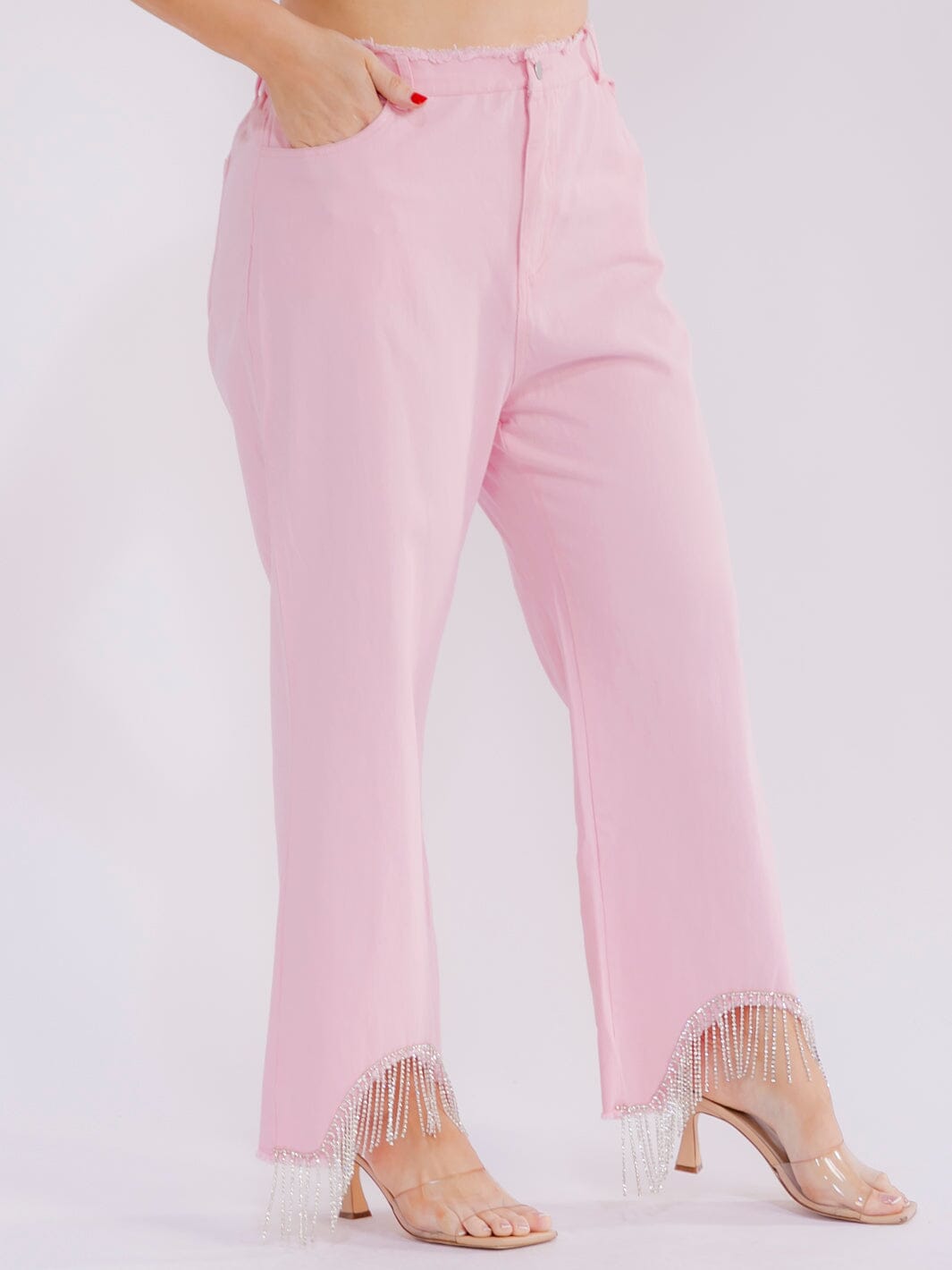 PLUS SIZE BUTTON CLOSURE POCKETS RHINESTONES DETAILED DENIM PANTS