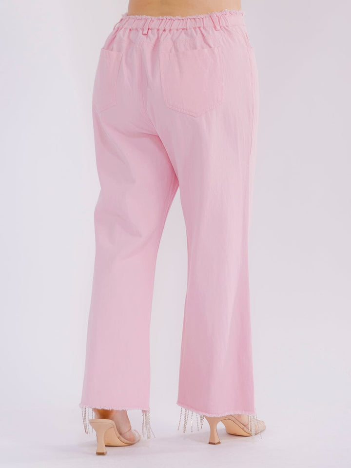 PLUS SIZE BUTTON CLOSURE POCKETS RHINESTONES DETAILED DENIM PANTS