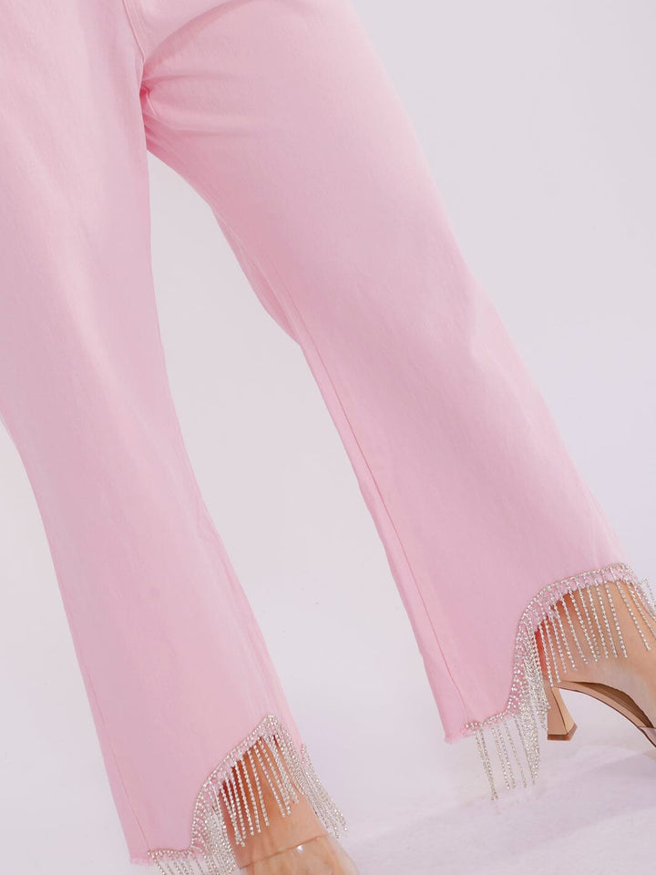 PLUS SIZE BUTTON CLOSURE POCKETS RHINESTONES DETAILED DENIM PANTS